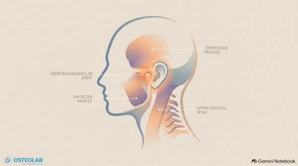 Infografica divulgativa che evidenzia i sintomi principali dei disturbi temporo-mandibolari tra mandibola, orecchio, tempia e collo