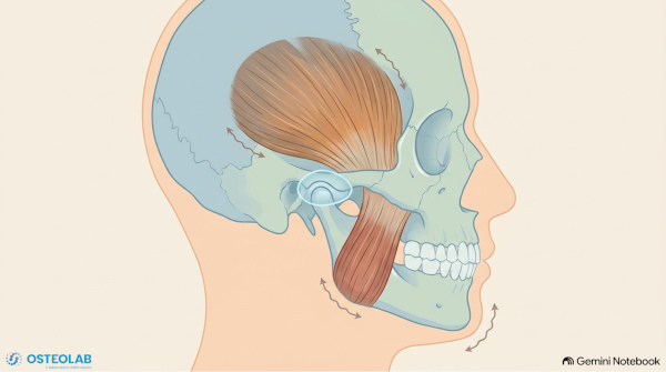 Illustrazione dell'articolazione temporomandibolare e dei muscoli massetere e temporale coinvolti nella masticazione.