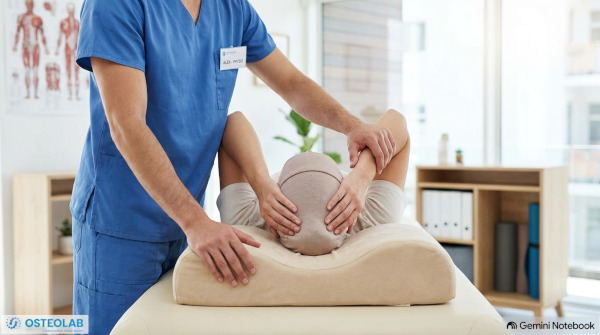 Fisioterapista che mostra il corretto supporto cervicale durante il sonno su cuscino ergonomico